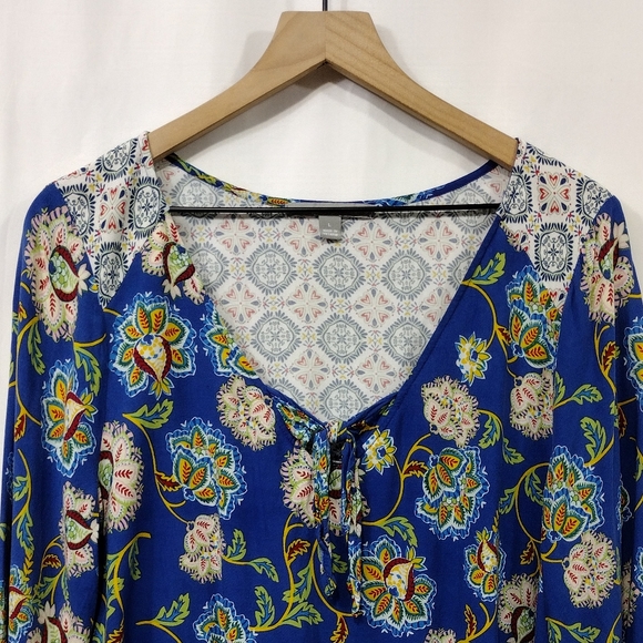 Valerie Stevens Floral Tunic Top Women's L Blue Artsy Boho Retro Y2K Cottagecore - Picture 2 of 8